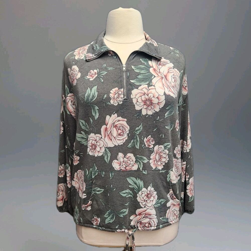 Maurices Gray Pink Floral 1/4 Zip Pullover Front Kangaroo Pocket Size 1X 0